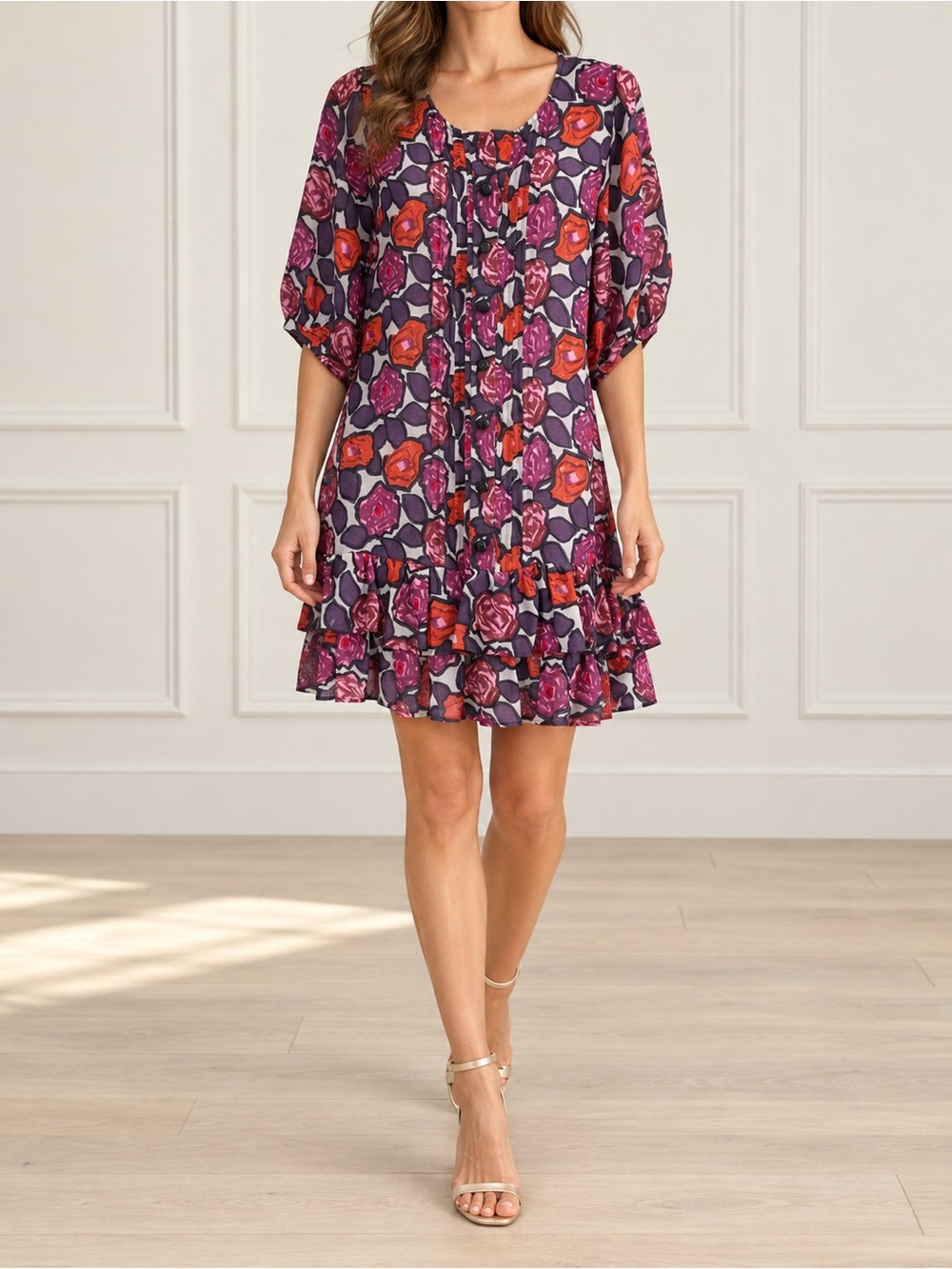 Plenty by Tracy Reese Dress M Silk Wool Floral Drop Waist Ruffle Mini